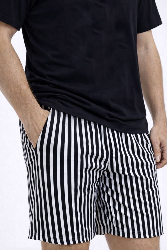 Erkek Pamuklu Kısa Üst Baskılı Cepli Şort Pijama Takımı Siyah - Beyaz - S