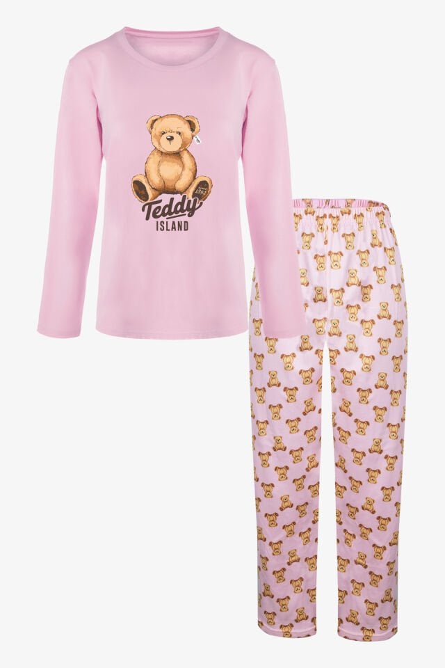 Kadın Soft Touch Pamuklu Ayıcık Desenli Pijama Takımı Pudra- Kahverengi - S