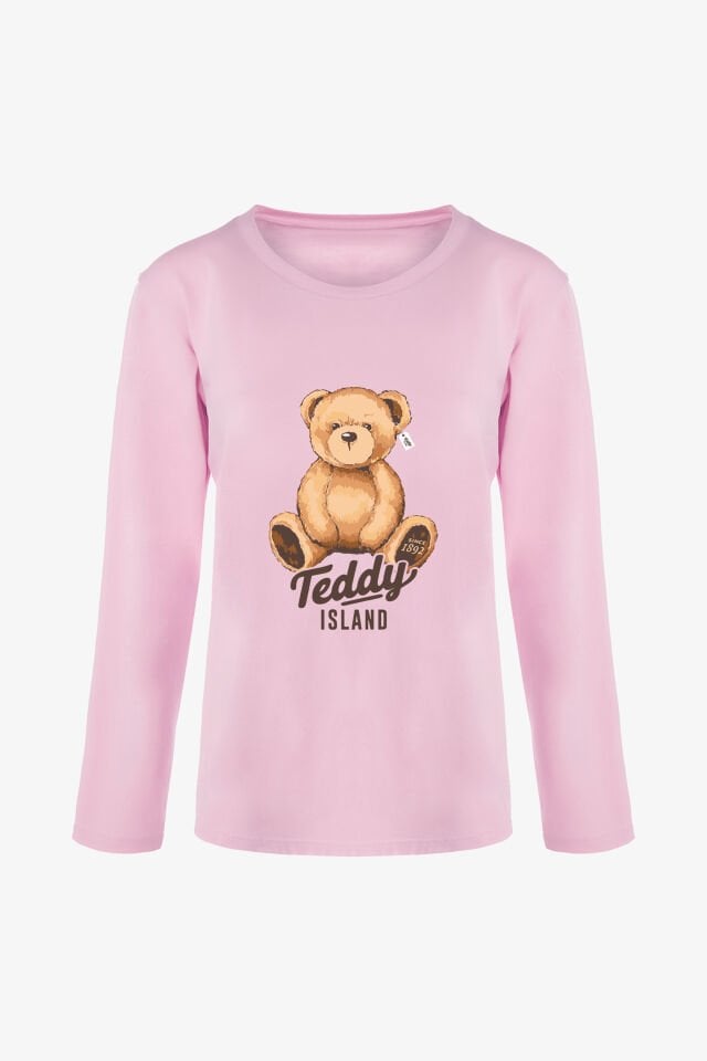 Kadın Soft Touch Pamuklu Ayıcık Desenli Pijama Takımı Pudra- Kahverengi - S