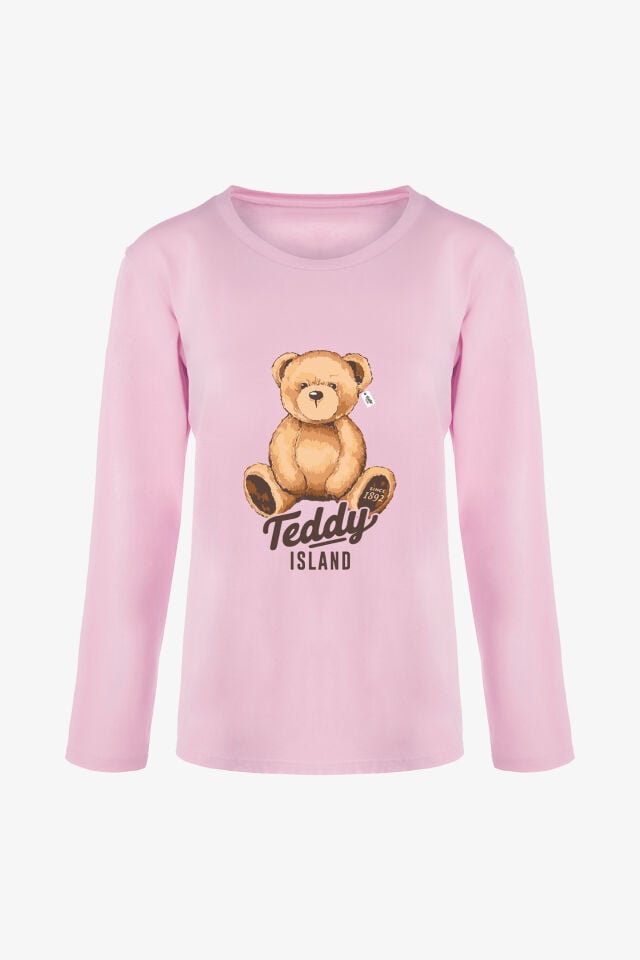 Kadın Soft Touch Pamuklu Ayıcık Desenli Pijama Takımı Pudra- Kahverengi - S