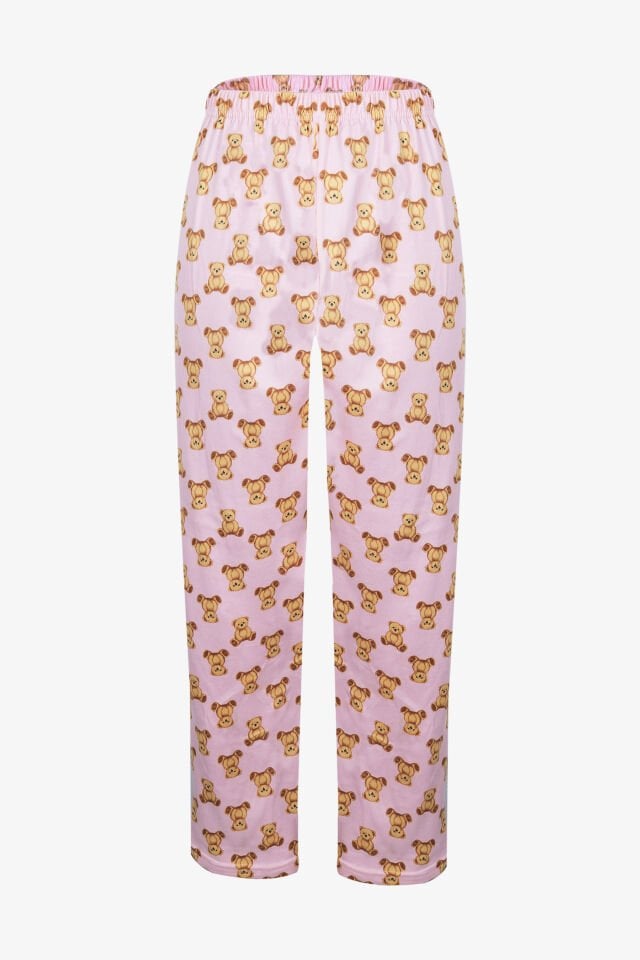 Kadın Soft Touch Pamuklu Ayıcık Desenli Pijama Takımı Pudra- Kahverengi - S