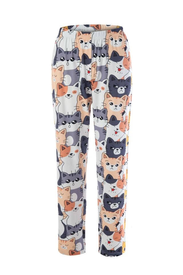 Kadın Gri Pamuklu Kedili Örme Pijama Takımı Gri  - Füme - XL