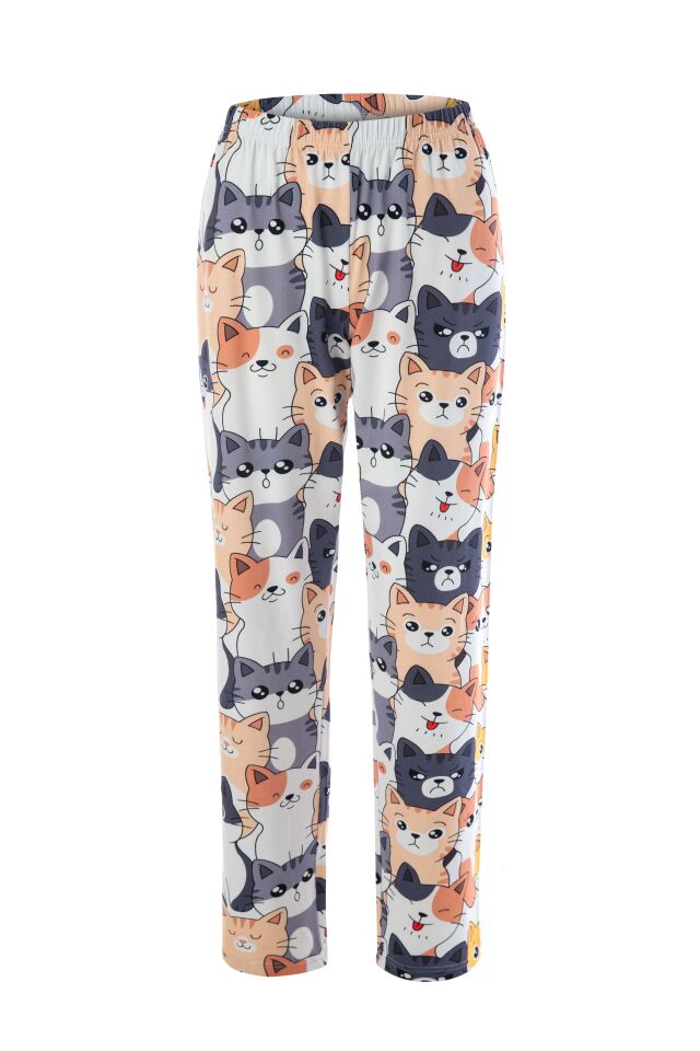 Kadın Gri Pamuklu Kedili Örme Pijama Takımı Gri  - Füme - XL