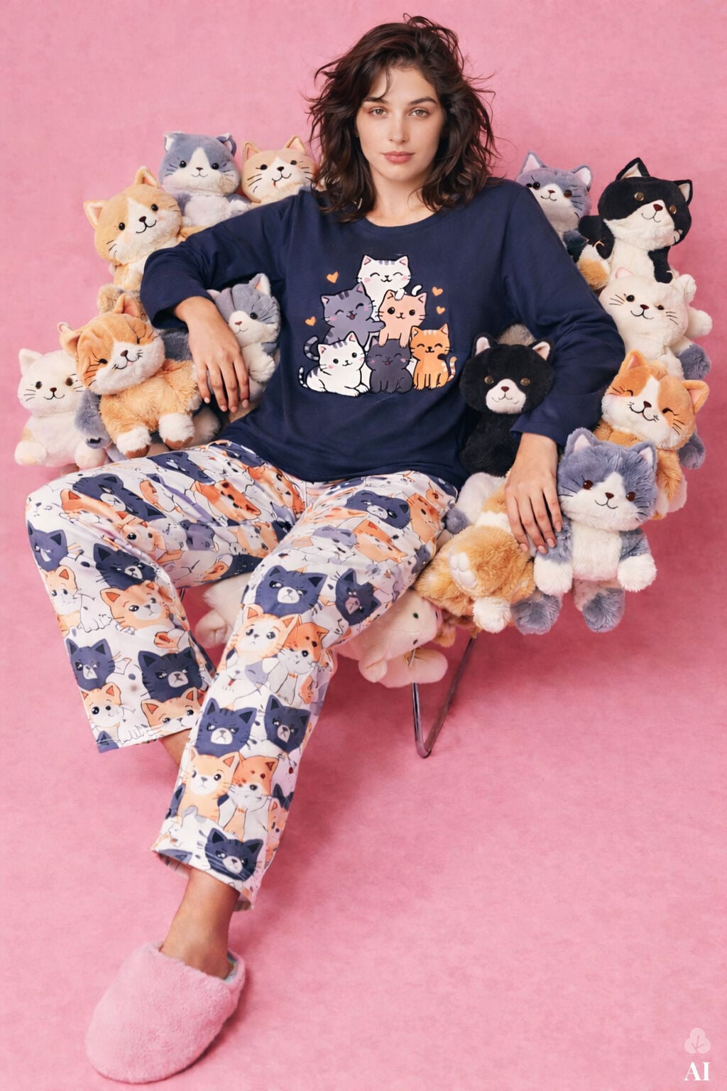 Kadın Gri Pamuklu Kedili Örme Pijama Takımı Gri  - Füme - XL