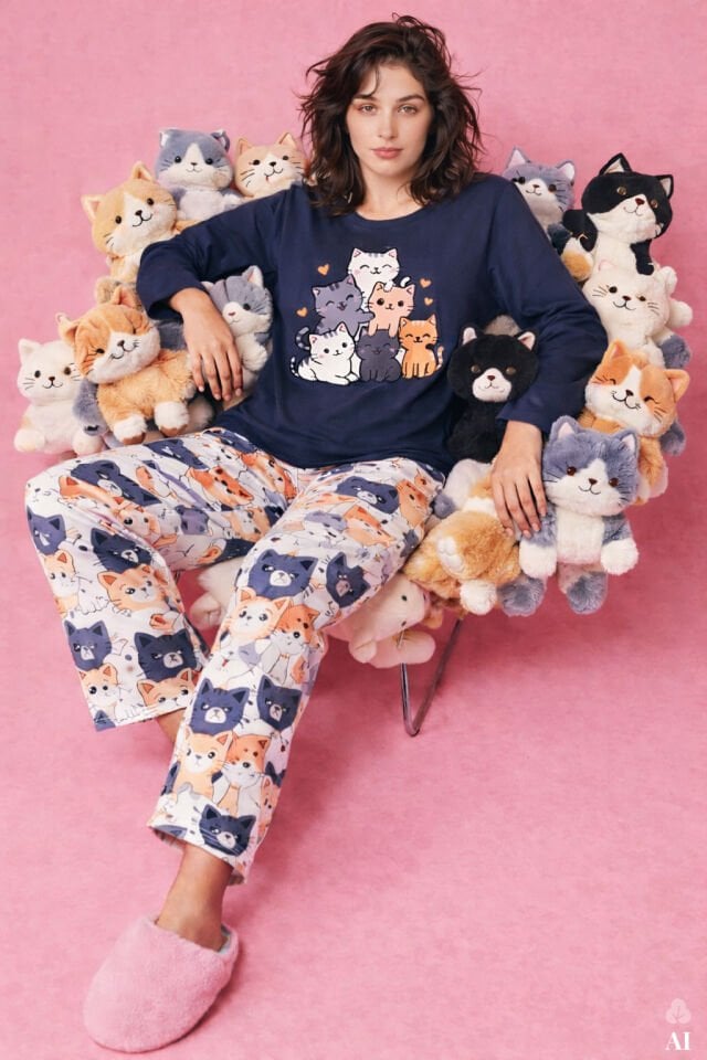 Kadın Gri Pamuklu Kedili Örme Pijama Takımı Gri  - Füme - XL