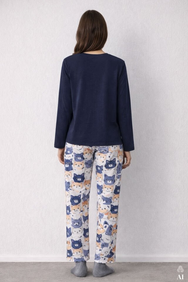 Kadın Gri Pamuklu Kedili Örme Pijama Takımı Gri  - Füme - XL