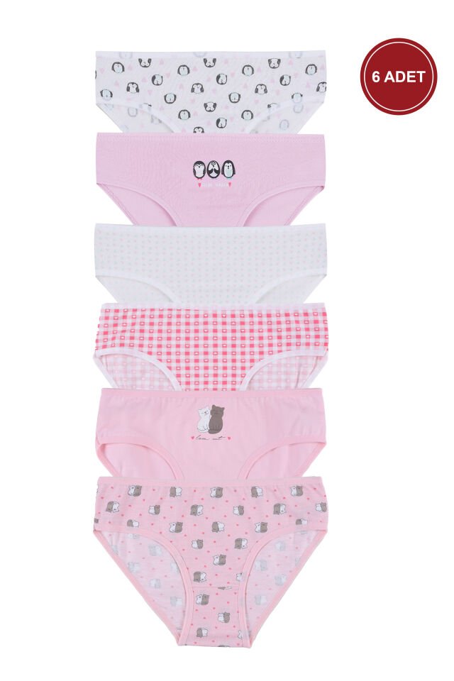 Kız Çocuk 6'lı Desenli Slip Pembe -  Beyaz - 7-9 Yaş