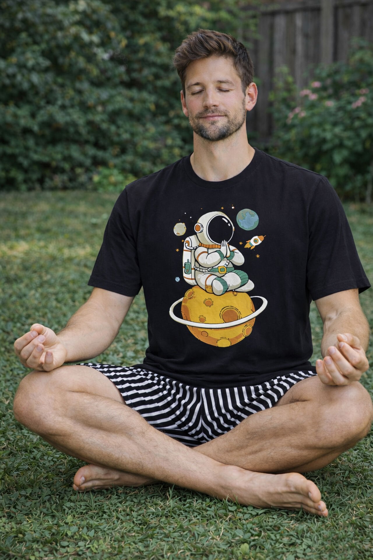 Erkek Pamuklu Kısa Üst Baskılı Cepli Şort Pijama Takımı Siyah - Beyaz - M