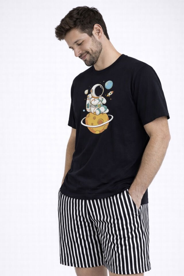 Erkek Pamuklu Kısa Üst Baskılı Cepli Şort Pijama Takımı Siyah - Beyaz - M