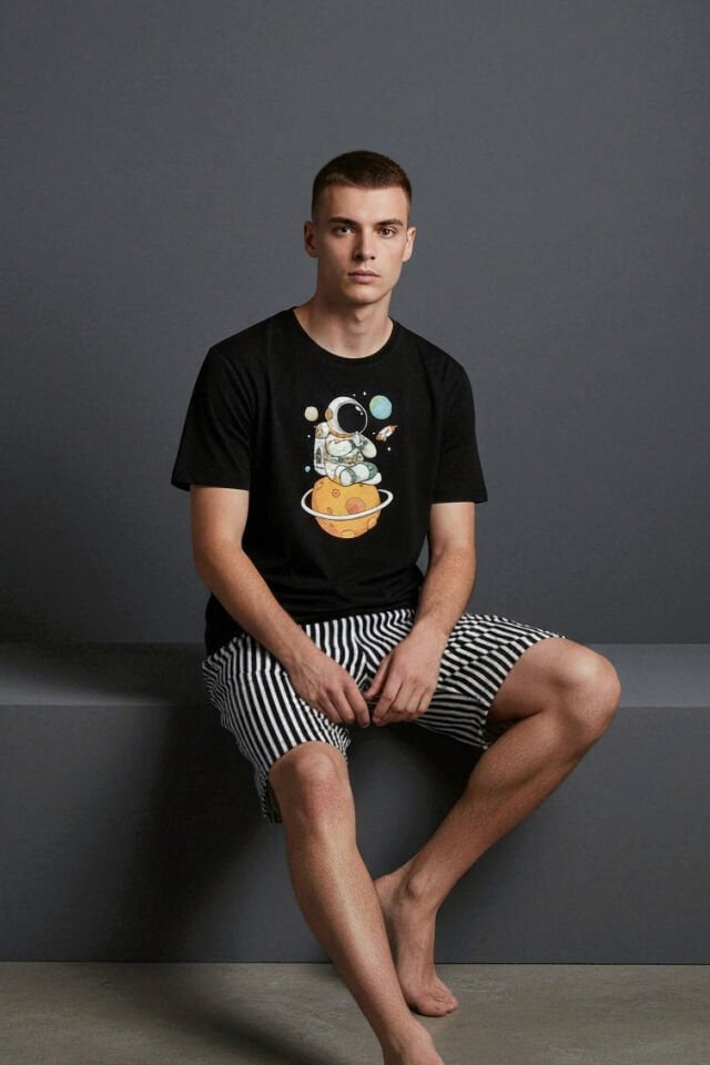 Erkek Pamuklu Kısa Üst Baskılı Cepli Şort Pijama Takımı Siyah - Beyaz - M