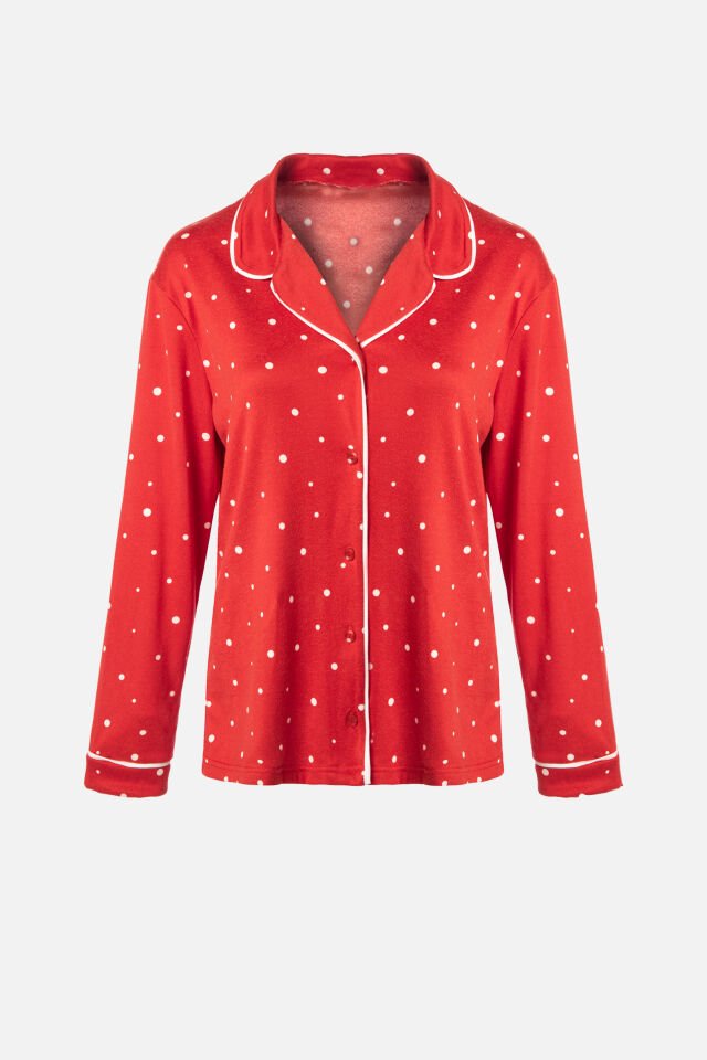 Kadın Soft Touch Kırmızı Puanlı Desenli Gömlek Yaka Uzun Kollu Pijama Takımı S - Kırmızı- Beyaz