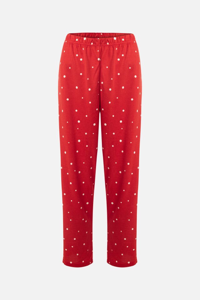 Kadın Soft Touch Kırmızı Puanlı Desenli Gömlek Yaka Uzun Kollu Pijama Takımı S - Kırmızı- Beyaz