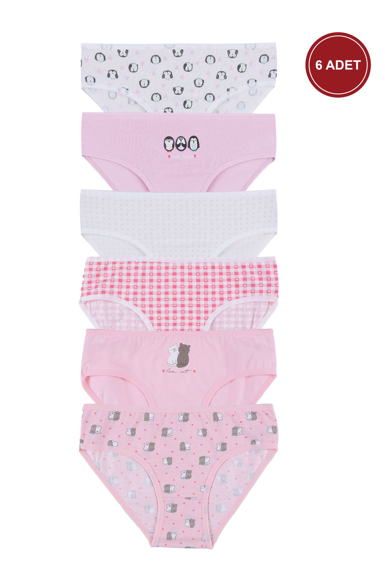 Kız Çocuk 6'lı Desenli Slip Pembe -  Beyaz - 9-11 Yaş