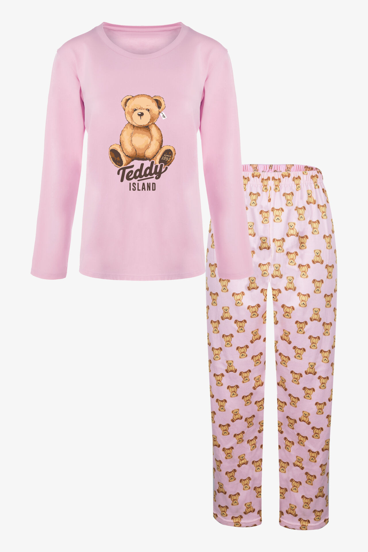 Kadın Soft Touch Pamuklu Ayıcık Desenli Pijama Takımı L - Pudra- Kahverengi