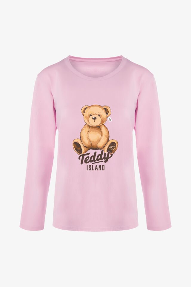 Kadın Soft Touch Pamuklu Ayıcık Desenli Pijama Takımı L - Pudra- Kahverengi