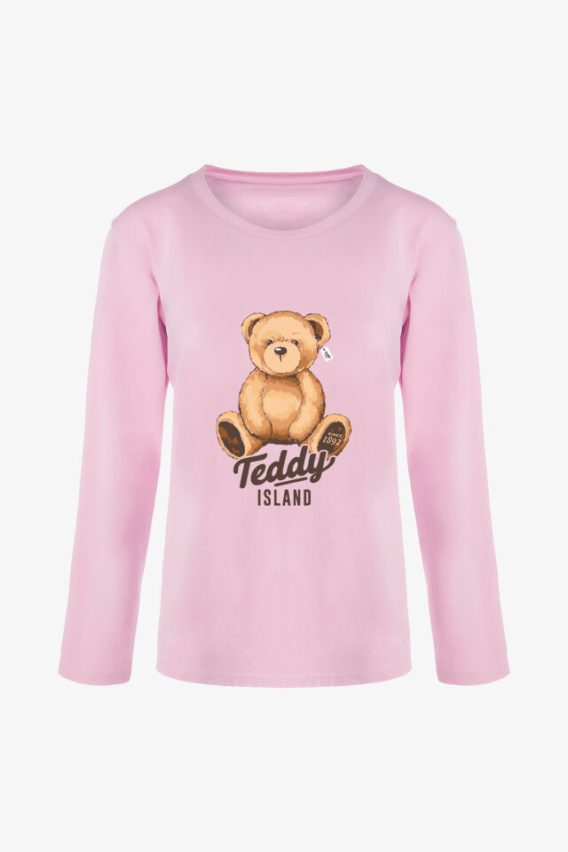 Kadın Soft Touch Pamuklu Ayıcık Desenli Pijama Takımı L - Pudra- Kahverengi
