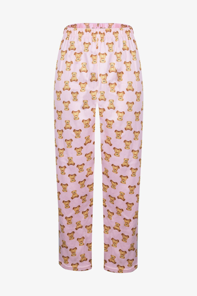 Kadın Soft Touch Pamuklu Ayıcık Desenli Pijama Takımı L - Pudra- Kahverengi