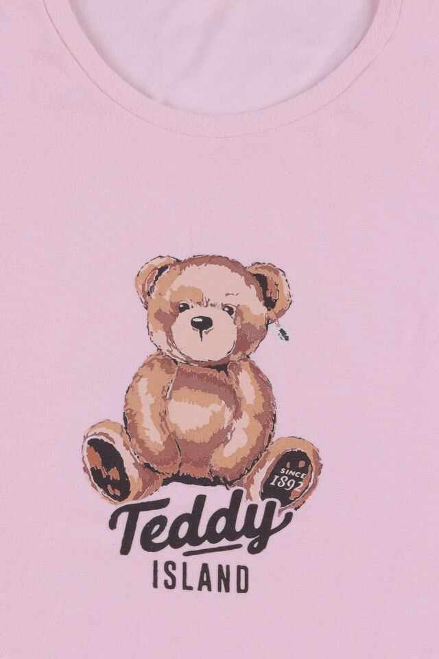 Kadın Soft Touch Pamuklu Ayıcık Desenli Pijama Takımı L - Pudra- Kahverengi
