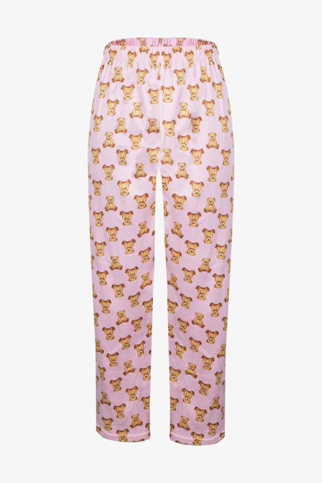 Kadın Soft Touch Pamuklu Ayıcık Desenli Pijama Takımı Pudra- Kahverengi - XL