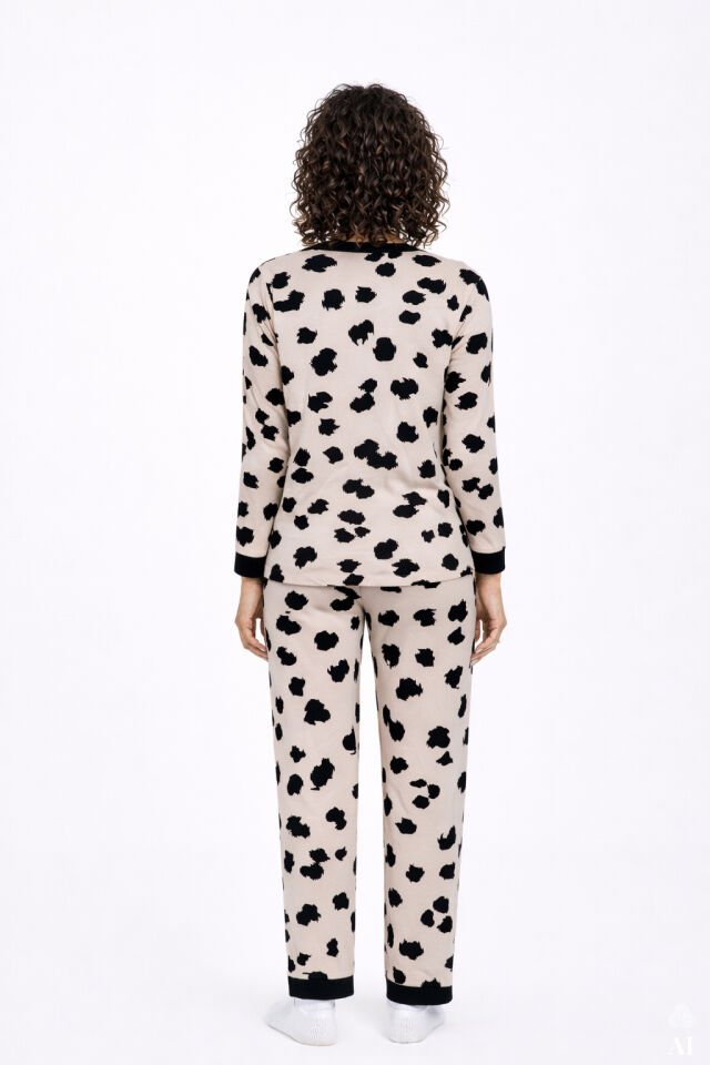Kadın Leopar Desenli Bant Detaylı Düğmeli Pijama Takımı Çok Renkli - L
