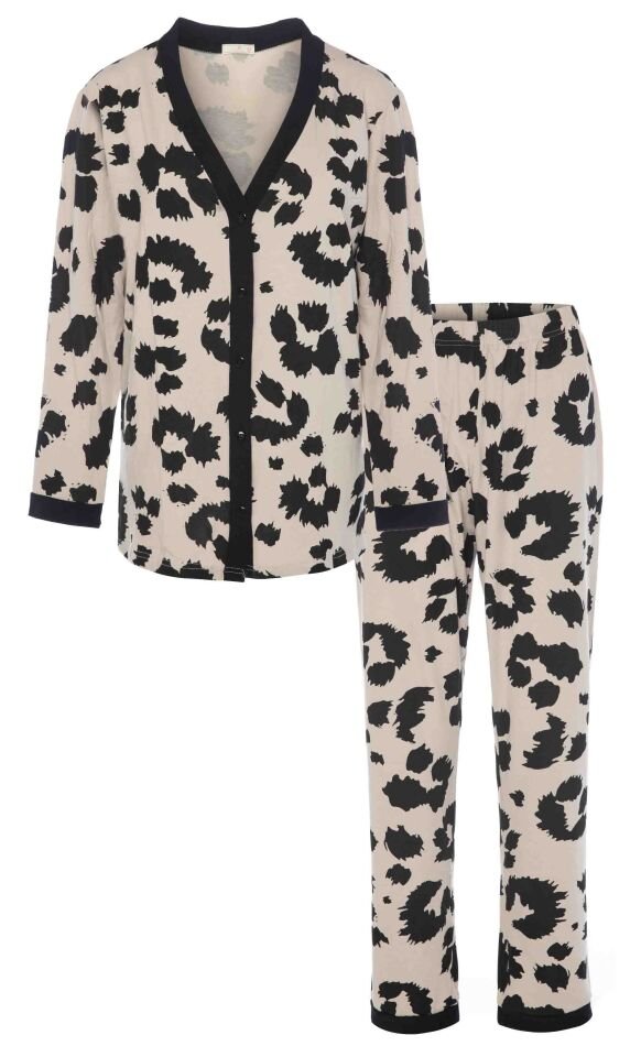 Kadın Leopar Desenli Bant Detaylı Düğmeli Pijama Takımı Çok Renkli - L