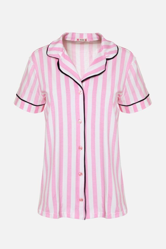 Kadın Pamuklu Pembe Çizgili Ara Biyeli Kısa Kollu Pijama Takımı