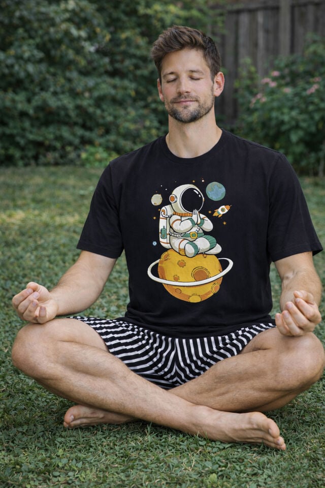 Erkek Pamuklu Kısa Üst Baskılı Cepli Şort Pijama Takımı Siyah - Beyaz - 2XL
