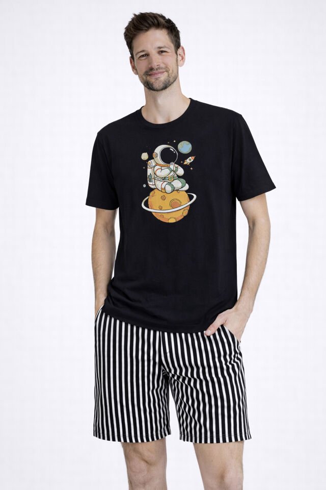 Erkek Pamuklu Kısa Üst Baskılı Cepli Şort Pijama Takımı Siyah - Beyaz - 2XL