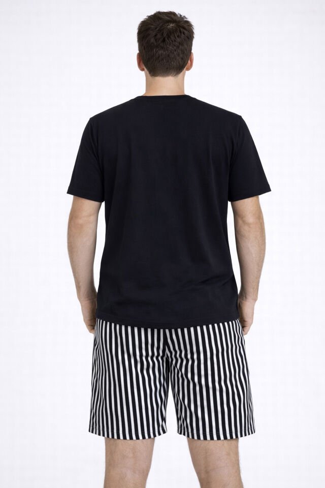 Erkek Pamuklu Kısa Üst Baskılı Cepli Şort Pijama Takımı Siyah - Beyaz - 2XL