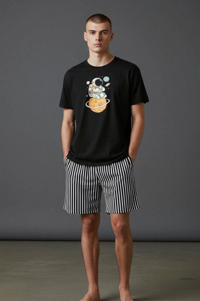 Erkek Pamuklu Kısa Üst Baskılı Cepli Şort Pijama Takımı Siyah - Beyaz - 2XL