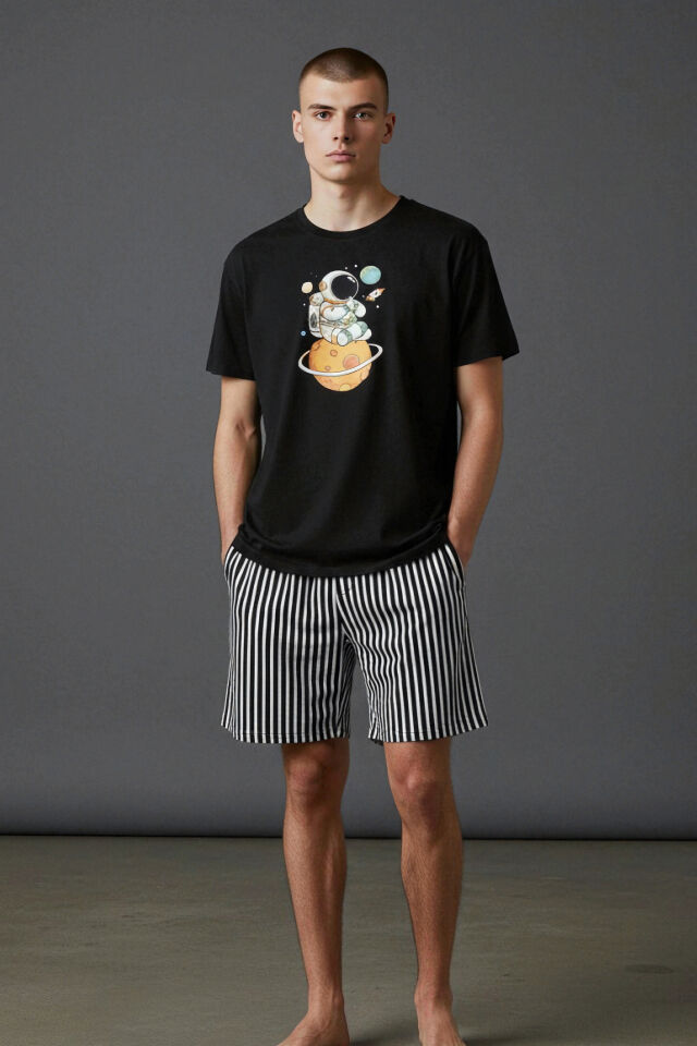 Erkek Pamuklu Kısa Üst Baskılı Cepli Şort Pijama Takımı Siyah - Beyaz - 2XL