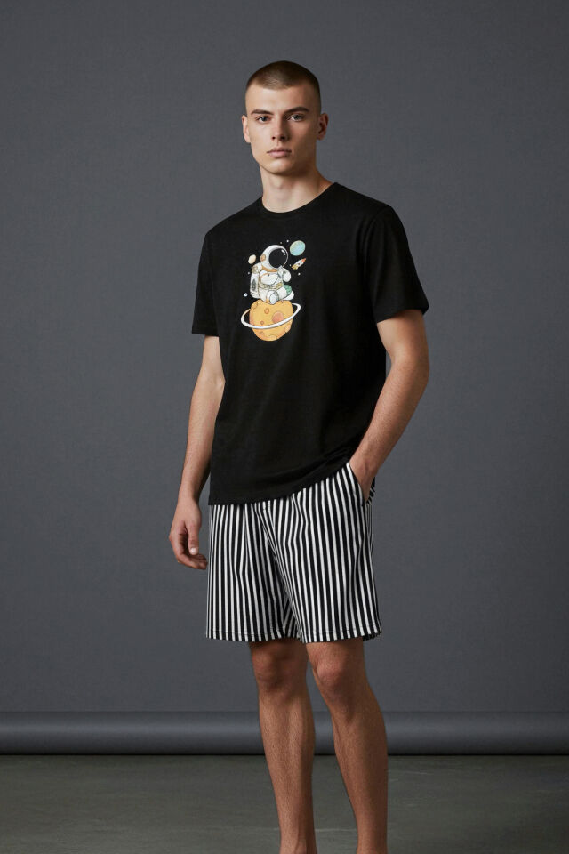 Erkek Pamuklu Kısa Üst Baskılı Cepli Şort Pijama Takımı Siyah - Beyaz - 2XL