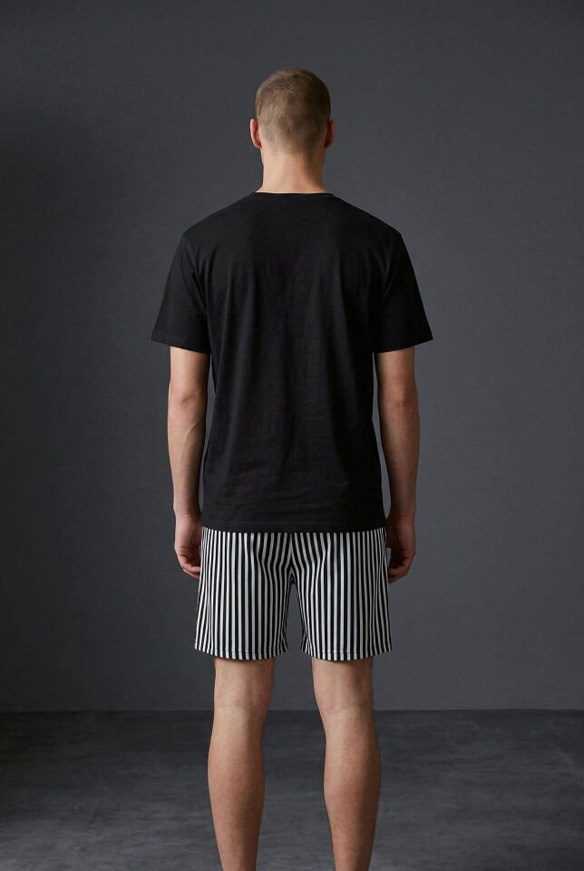Erkek Pamuklu Kısa Üst Baskılı Cepli Şort Pijama Takımı Siyah - Beyaz - 2XL