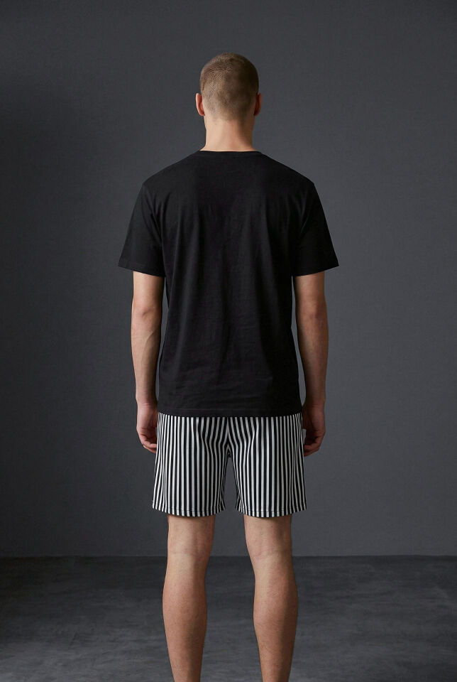 Erkek Pamuklu Kısa Üst Baskılı Cepli Şort Pijama Takımı Siyah - Beyaz - 2XL