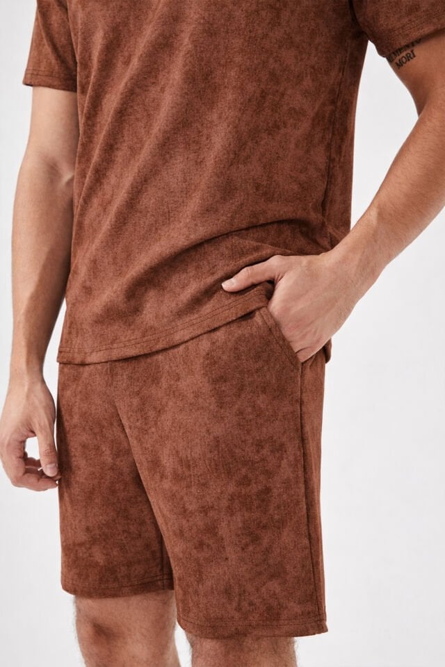 Erkek Şortlu Cepli Pijama Takımı Kahverengi - 2XL