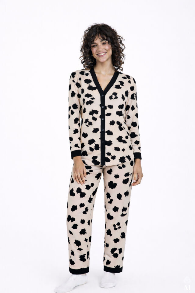 Kadın Leopar Desenli Bant Detaylı Düğmeli Pijama Takımı Çok Renkli - M