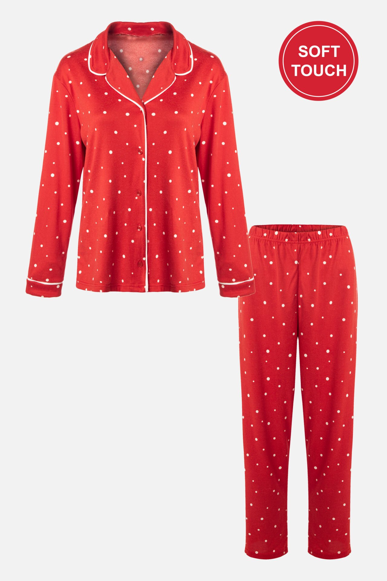 Kadın Soft Touch Kırmızı Puanlı Desenli Gömlek Yaka Uzun Kollu Pijama Takımı XL - Kırmızı- Beyaz