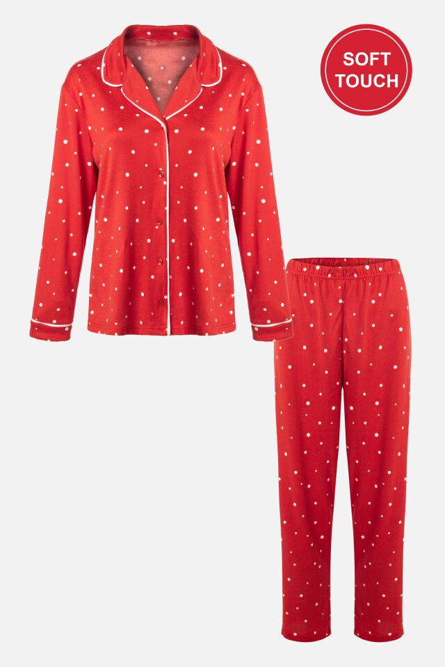 Kadın Soft Touch Kırmızı Puanlı Desenli Gömlek Yaka Uzun Kollu Pijama Takımı XL - Kırmızı- Beyaz