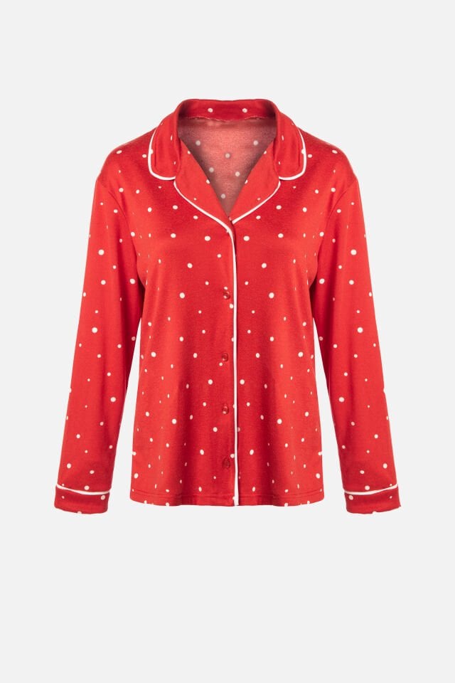 Kadın Soft Touch Kırmızı Puanlı Desenli Gömlek Yaka Uzun Kollu Pijama Takımı XL - Kırmızı- Beyaz