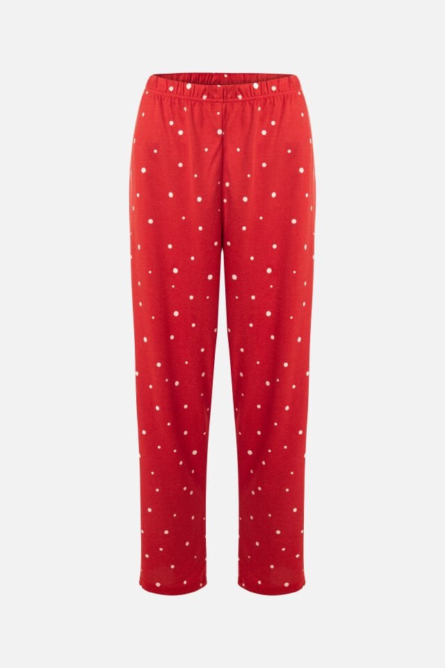 Kadın Soft Touch Kırmızı Puanlı Desenli Gömlek Yaka Uzun Kollu Pijama Takımı XL - Kırmızı- Beyaz