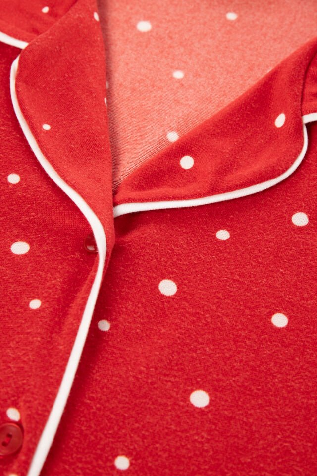 Kadın Soft Touch Kırmızı Puanlı Desenli Gömlek Yaka Uzun Kollu Pijama Takımı XL - Kırmızı- Beyaz