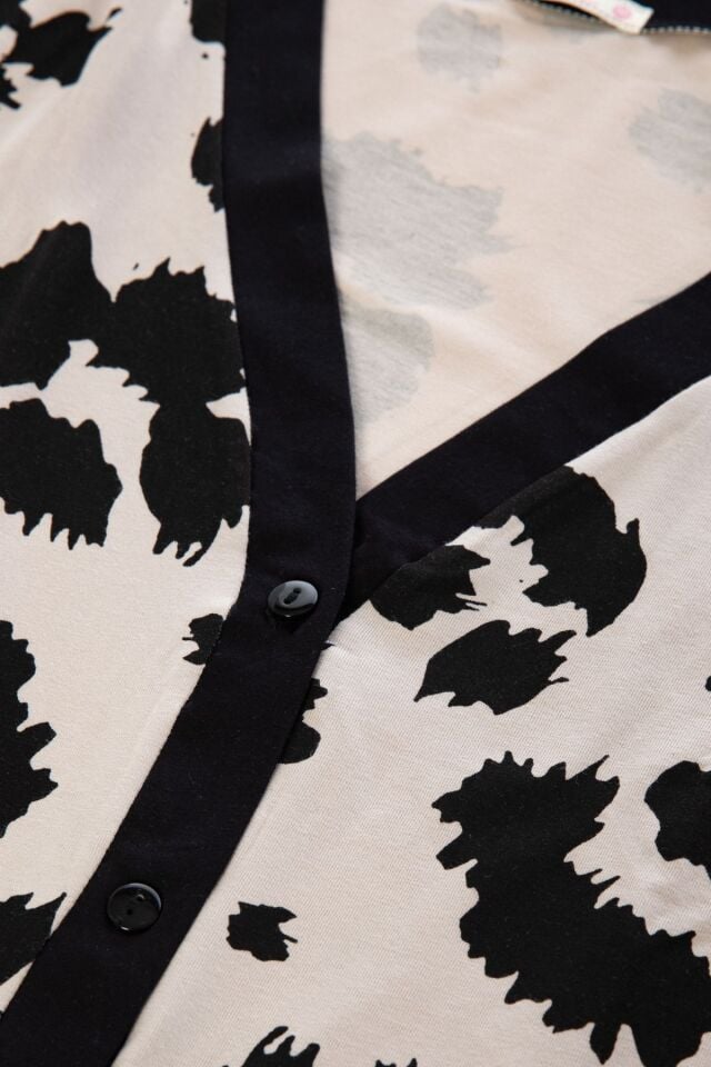 Kadın Leopar Desenli Bant Detaylı Düğmeli Pijama Takımı Çok Renkli - XL