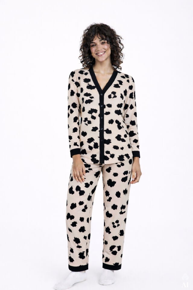 Kadın Leopar Desenli Bant Detaylı Düğmeli Pijama Takımı Çok Renkli - XL