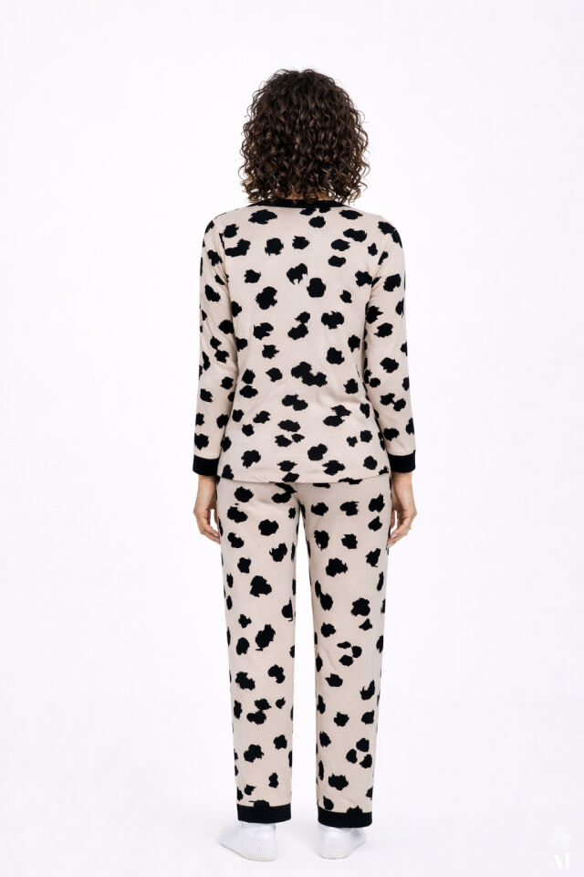 Kadın Leopar Desenli Bant Detaylı Düğmeli Pijama Takımı Çok Renkli - XL
