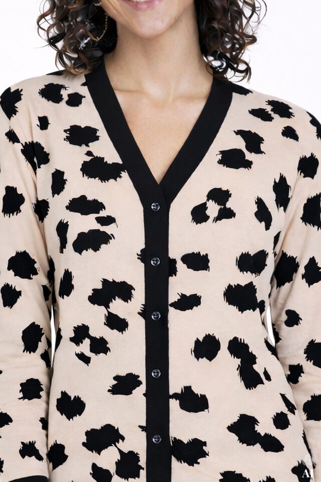 Kadın Leopar Desenli Bant Detaylı Düğmeli Pijama Takımı Çok Renkli - XL