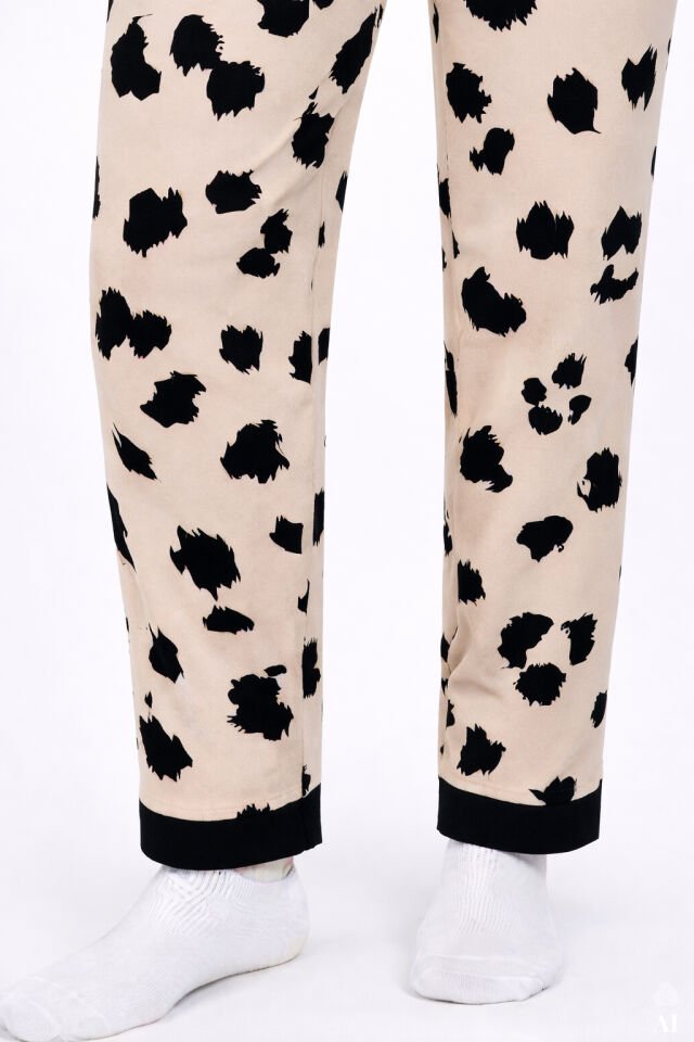 Kadın Leopar Desenli Bant Detaylı Düğmeli Pijama Takımı Çok Renkli - XL