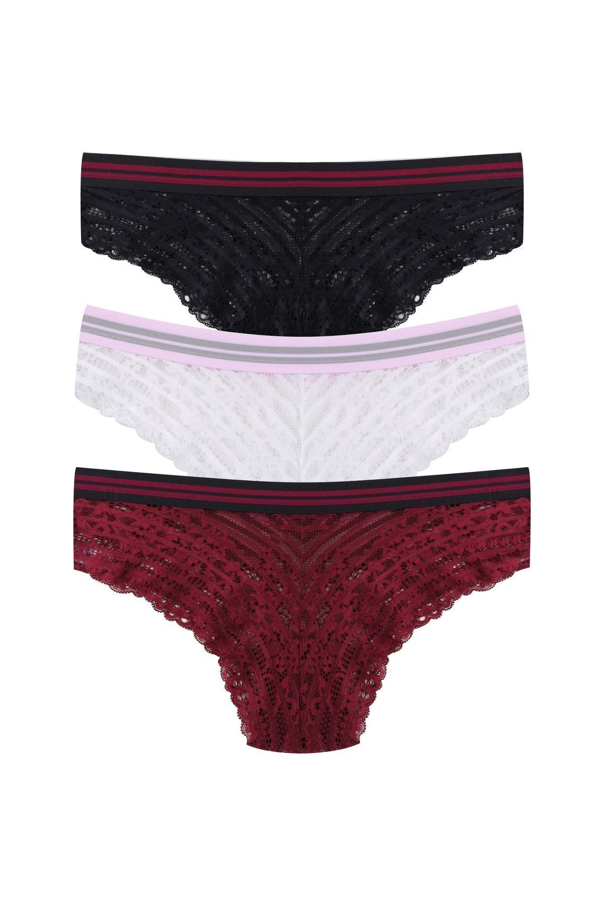 Kadın 3'lü Çizgili Lastikli Dantelli Külot Siyahbeyazbordo - M - Siyahbeyazbordo - M