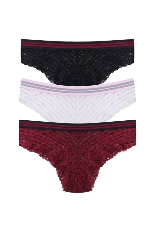Kadın 3'lü Çizgili Lastikli Dantelli Külot Siyahbeyazbordo - M - Siyahbeyazbordo - M