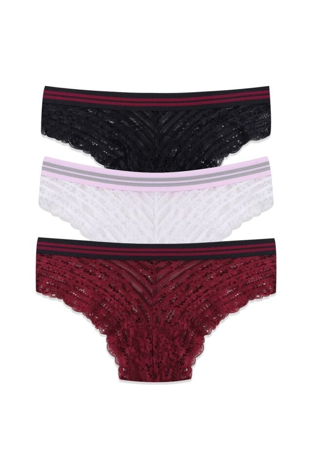 Kadın 3'lü Çizgili Lastikli Dantelli Külot Siyahbeyazbordo - M - Siyahbeyazbordo - M