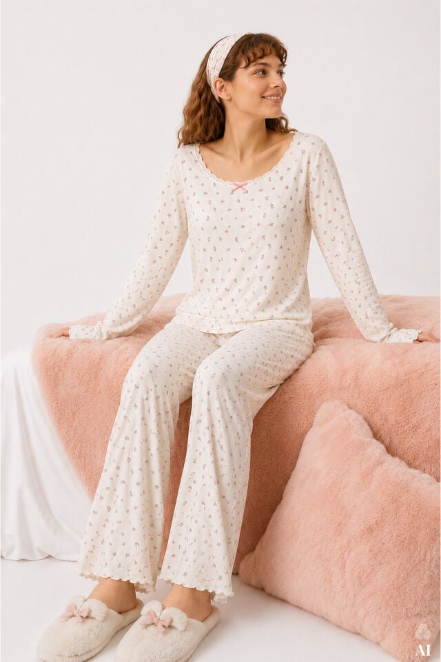 Kadın Fitilli Desenli Dantel  Detaylı Uzun Kollu Pijama Takımı Ekru - Pembe - XL